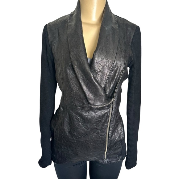 100% Lambs Leather and wool asymmetrical Zip Moto Jacket women’s small - Picture 1 of 12